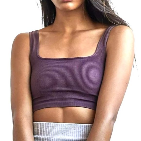 FREE PEOPLE FP MOVEMENT HAPPINESS WINE/BURGUNDY SQUARE NECK CROP SZ: M/L NWOT - Picture 1 of 6